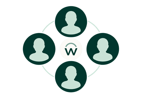 Four team members arranged around a Workday mark